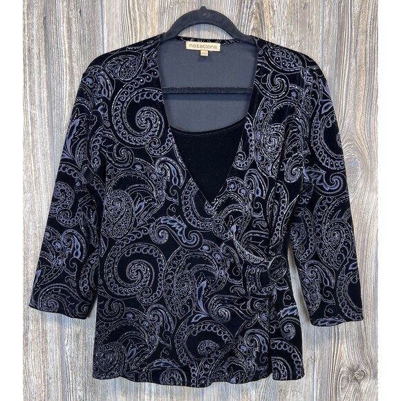 Notations Blouse Women's L Faux Wrap Black Velvet Top Silver Glitter Witchy Goth - Picture 1 of 16